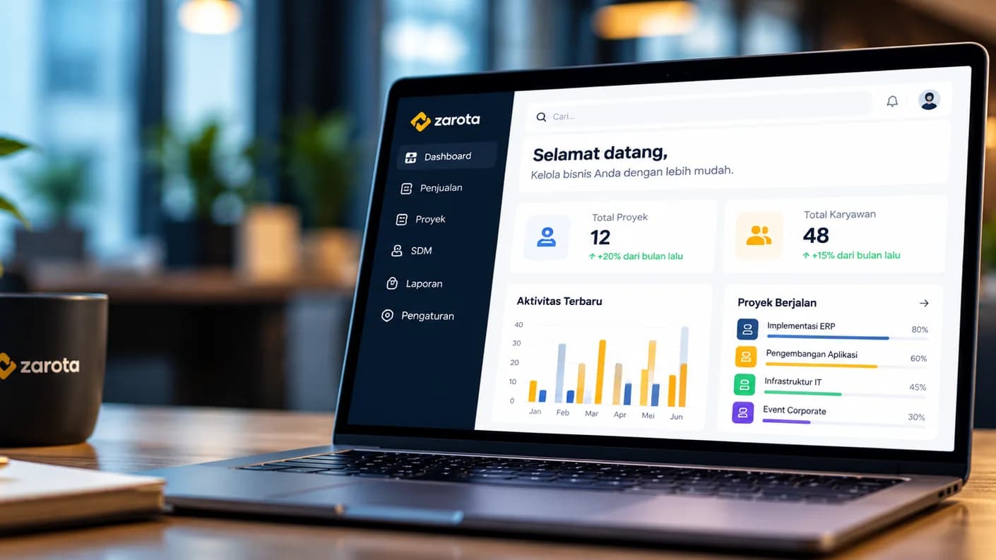 Ilustrasi laptop dengan dashboard aplikasi bisnis Zarota